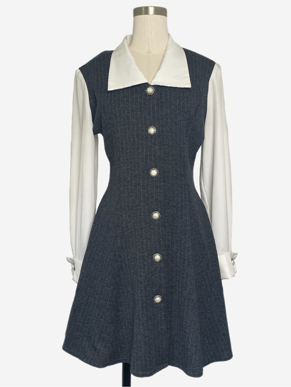 Vintage 90s DBY gray pinstripe knit collared button front mini dress preppy XS